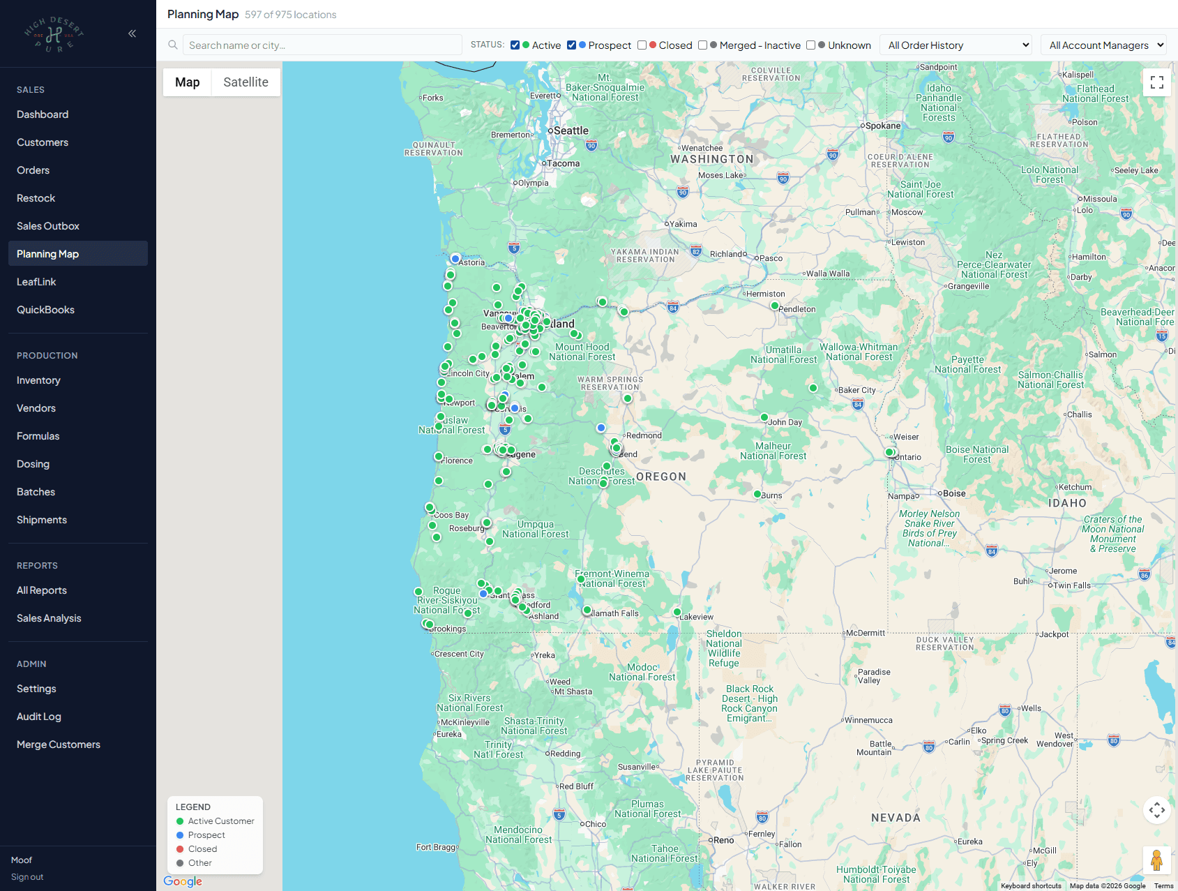 NimbleCenter CRM Map — Oregon dispensary coverage